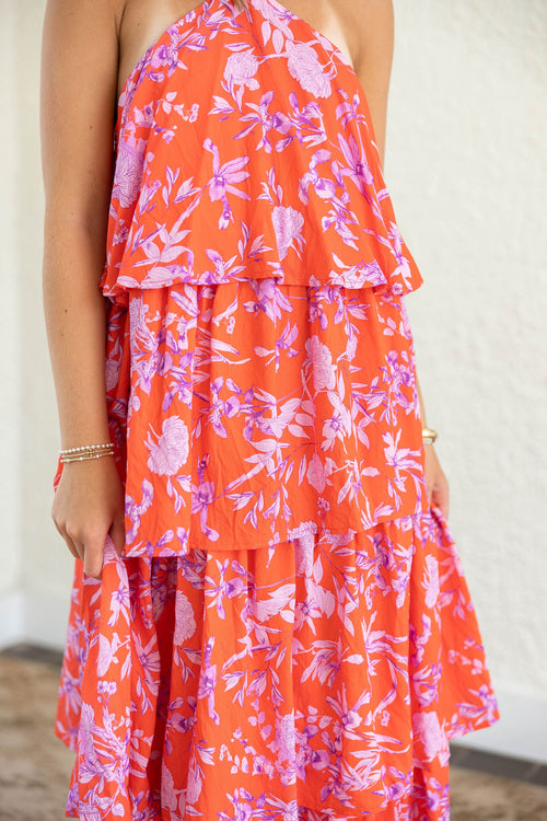 Entro Pink Floral Tiered Halter Midi Dress