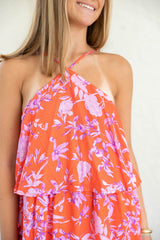 Entro Pink Floral Tiered Halter Midi Dress