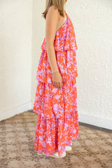 Entro Pink Floral Tiered Halter Midi Dress