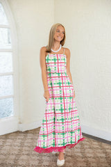 The Clara Pink and Green Plaid Fringe Midi Dress