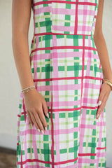 The Clara Pink and Green Plaid Fringe Midi Dress