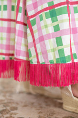 The Clara Pink and Green Plaid Fringe Midi Dress