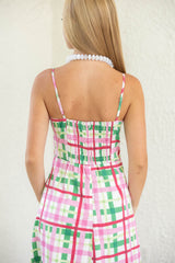 The Clara Pink and Green Plaid Fringe Midi Dress