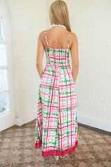 The Clara Pink and Green Plaid Fringe Midi Dress