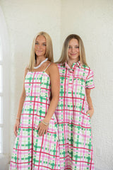 The Clara Pink and Green Plaid Fringe Midi Dress