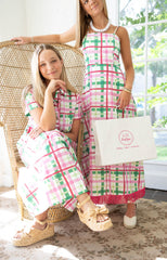 The Clara Pink and Green Plaid Fringe Midi Dress