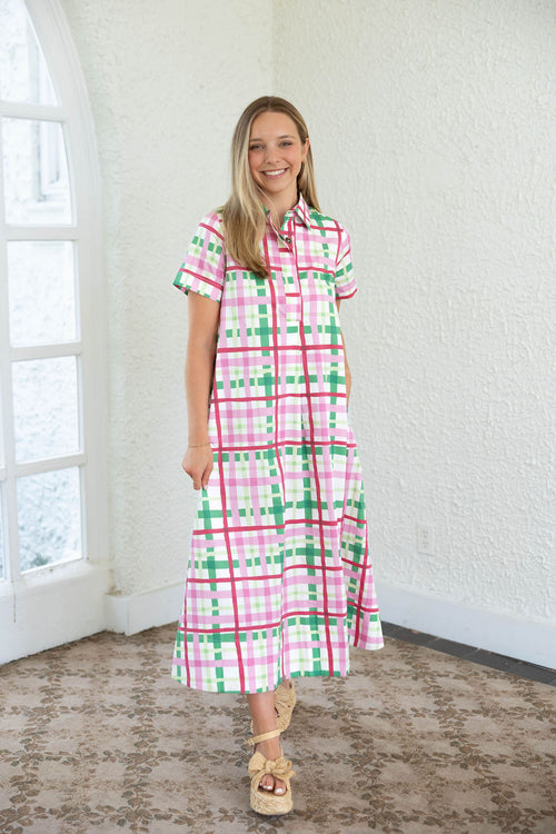 The Gina Pink and Green Plaid Midi Dress