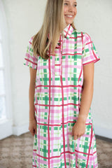 The Gina Pink and Green Plaid Midi Dress