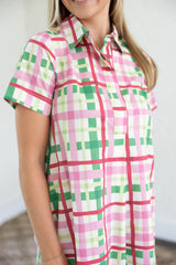 The Gina Pink and Green Plaid Midi Dress