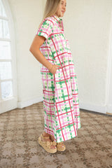 The Gina Pink and Green Plaid Midi Dress