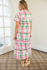 The Gina Pink and Green Plaid Midi Dress