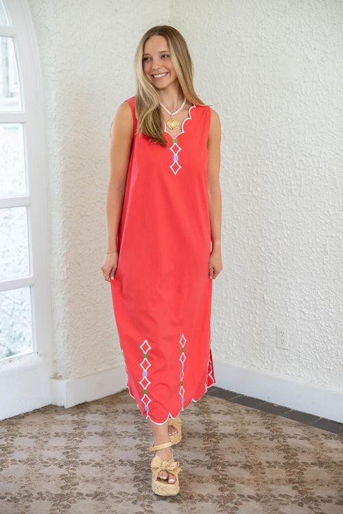 Karlie Red V-Neck Scallop Dress with Embroidery