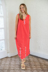 Karlie Red V-Neck Scallop Dress with Embroidery