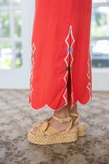 Karlie Red V-Neck Scallop Dress with Embroidery