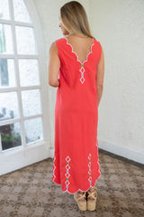 Karlie Red V-Neck Scallop Dress with Embroidery