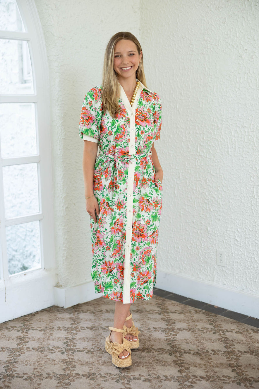 floral midi dress with belt Elizabeth Garden Reverie Silk Faille Midi Dress with Bow Belt in White Floral White Floral / 2
