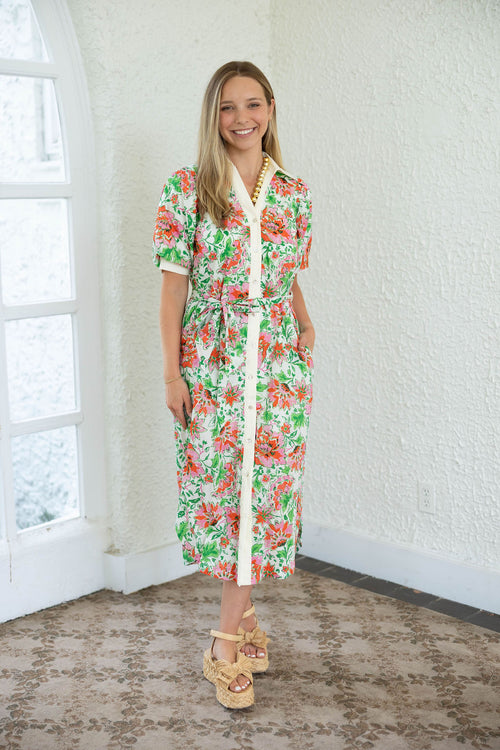 Entro Pink and Green Floral Tie Belt Midi Dress