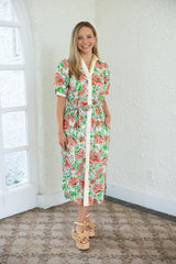 Entro Pink and Green Floral Tie Belt Midi Dress