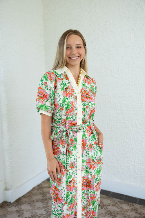 Entro Pink and Green Floral Tie Belt Midi Dress