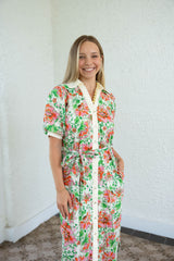 Entro Pink and Green Floral Tie Belt Midi Dress