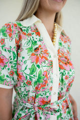 Entro Pink and Green Floral Tie Belt Midi Dress
