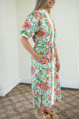 Entro Pink and Green Floral Tie Belt Midi Dress