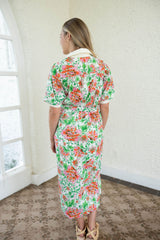 Entro Pink and Green Floral Tie Belt Midi Dress