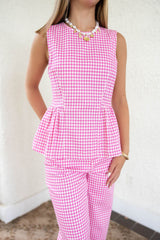 Entro Light Pink Gingham Peplum Top