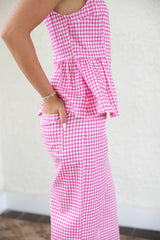 Entro Light Pink Gingham Peplum Top
