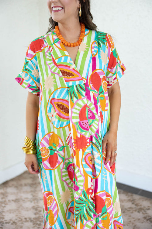Karlie Island Fruit Gauze V-Neck Kaftan Maxi Dress