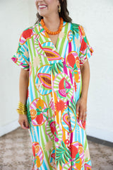 Karlie Island Fruit Gauze V-Neck Kaftan Maxi Dress