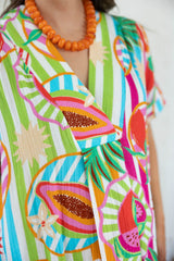 Karlie Island Fruit Gauze V-Neck Kaftan Maxi Dress