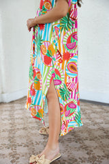 Karlie Island Fruit Gauze V-Neck Kaftan Maxi Dress