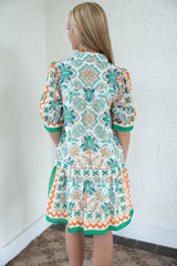 Jade Melody Tam Palm Fiesta Flutter Hem Button Dress