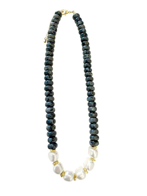 Brynlee Chunky Necklace with Pearl Accents - Black Agate