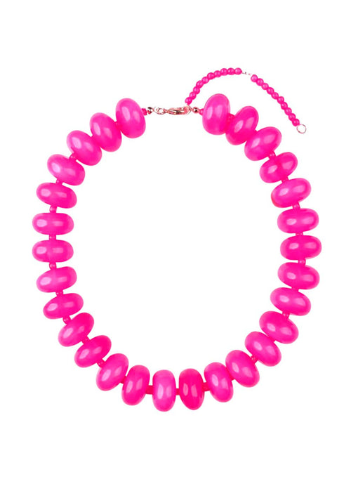 Neon pink beaded necklace on a white background