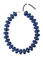 Blue beaded necklace on a white background