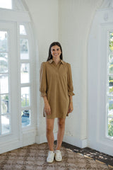 Joy*Joy Placket Corduroy Collar Dress in Taupe