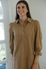 Joy*Joy Placket Corduroy Collar Dress in Taupe