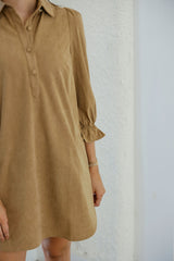 Joy*Joy Placket Corduroy Collar Dress in Taupe