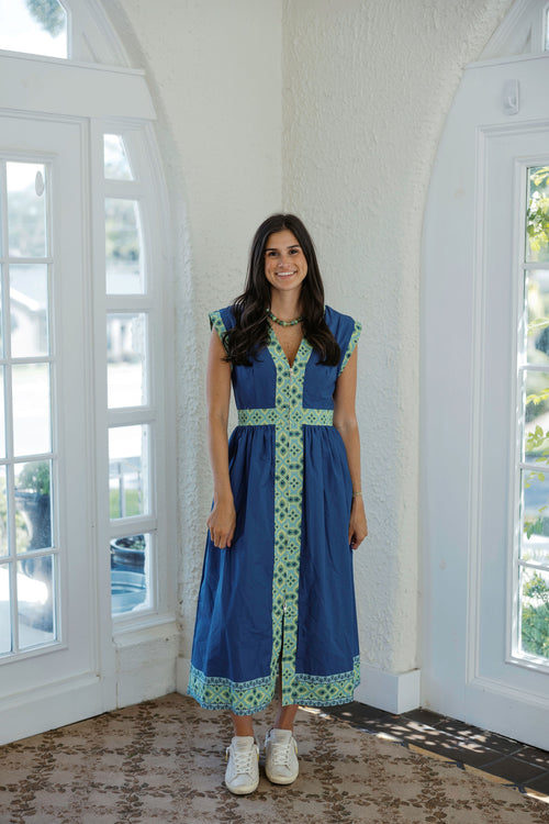 The Sarah Blue and Green Midi Zip Up Dress