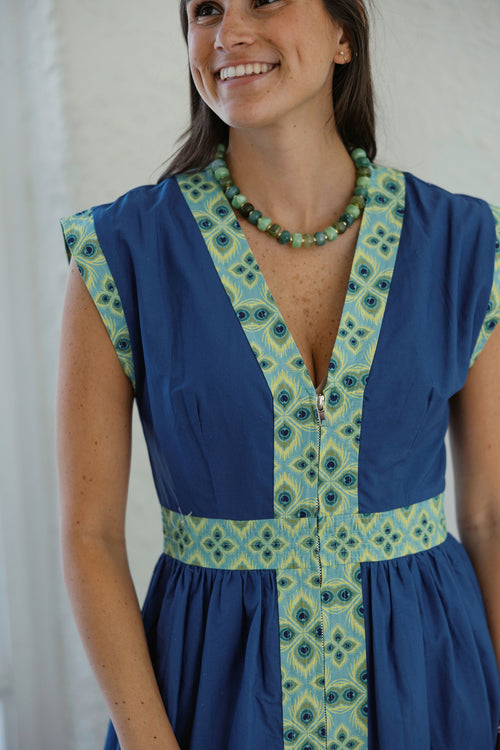 The Sarah Blue and Green Midi Zip Up Dress