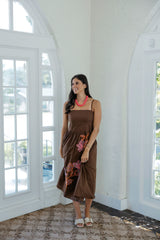 THML Brown Midi Dress with Pink Floral Embroidery
