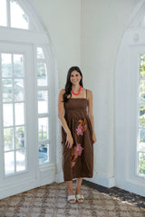 THML Brown Midi Dress with Pink Floral Embroidery