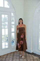 THML Brown Midi Dress with Pink Floral Embroidery