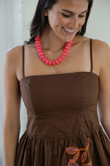 THML Brown Midi Dress with Pink Floral Embroidery