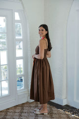THML Brown Midi Dress with Pink Floral Embroidery