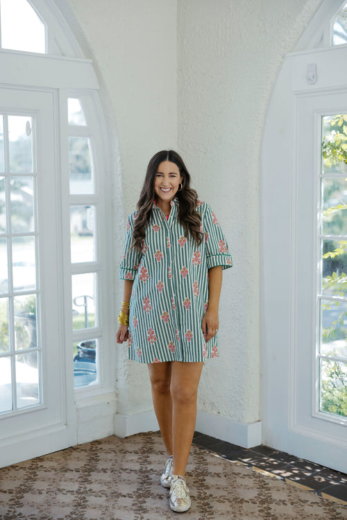 Karlie Stripe Floral Shirt Dress with Contrast Piping