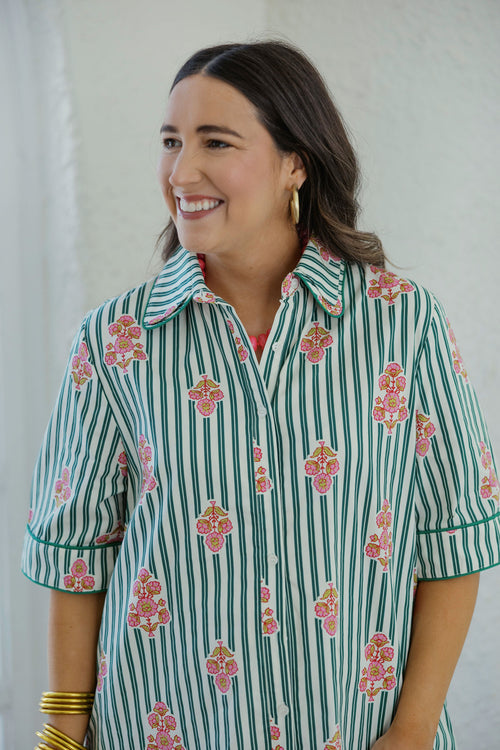 Karlie Stripe Floral Shirt Dress with Contrast Piping