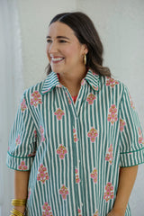 Karlie Stripe Floral Shirt Dress with Contrast Piping